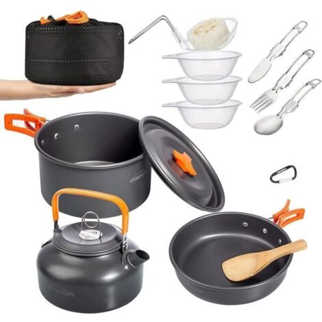Kit de Casseroles Camping 14pcs Poêlé Set en Aluminium Durable, Ensemble Gril Pot Pratique de Pique-Nique avec Cafetière Théière