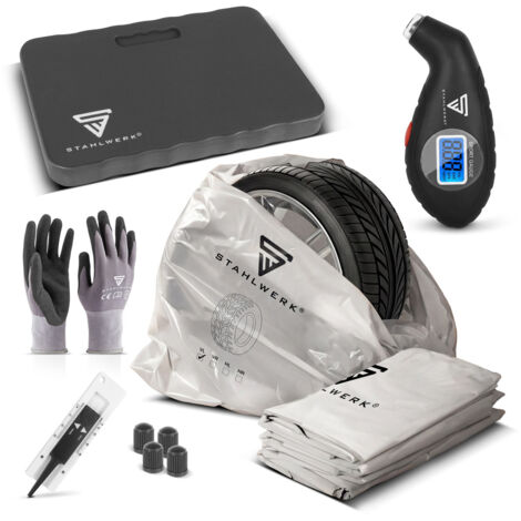 Kit de changement de pneus 6 pièces, genouillères, gants, capuchons de valve, testeur de pneus