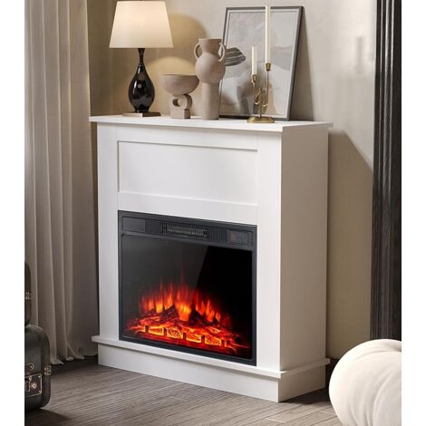 Kit de chimenea eléctrica minimalista con cuerpo empotrado de 23 pulgadas, control inteligente de la llama y la temperatura, estantes de almacenamiento abiertos y tablero de mesa, artesanía de madera 