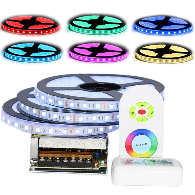 

Kit de cinta profesional 5050 - 60 LED/m - 15 metros ( 3 X 5 metros ) RGB impermeable (IP67) con radio controlador y transformad | Longitud: 15