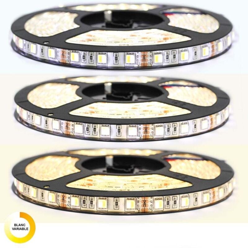 

Kit de cinta profesional 5050 - 60 leds/m - 5 metros anti-salpicaduras (IP65) variable blanca con controlador y transformador | Longitud: 5 metros