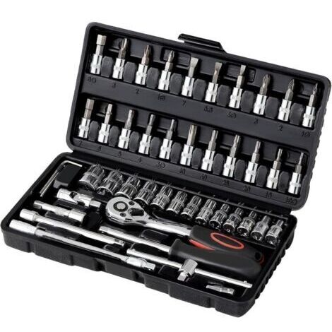 Kit de Clé Plate à Cliquet et à Douille 46 Pcs Cr-V - 1/4" 72 Dents Avec Boîte à Outils - Outillage Mécanique Auto Chromé et Poli Miroir Pour Réparation