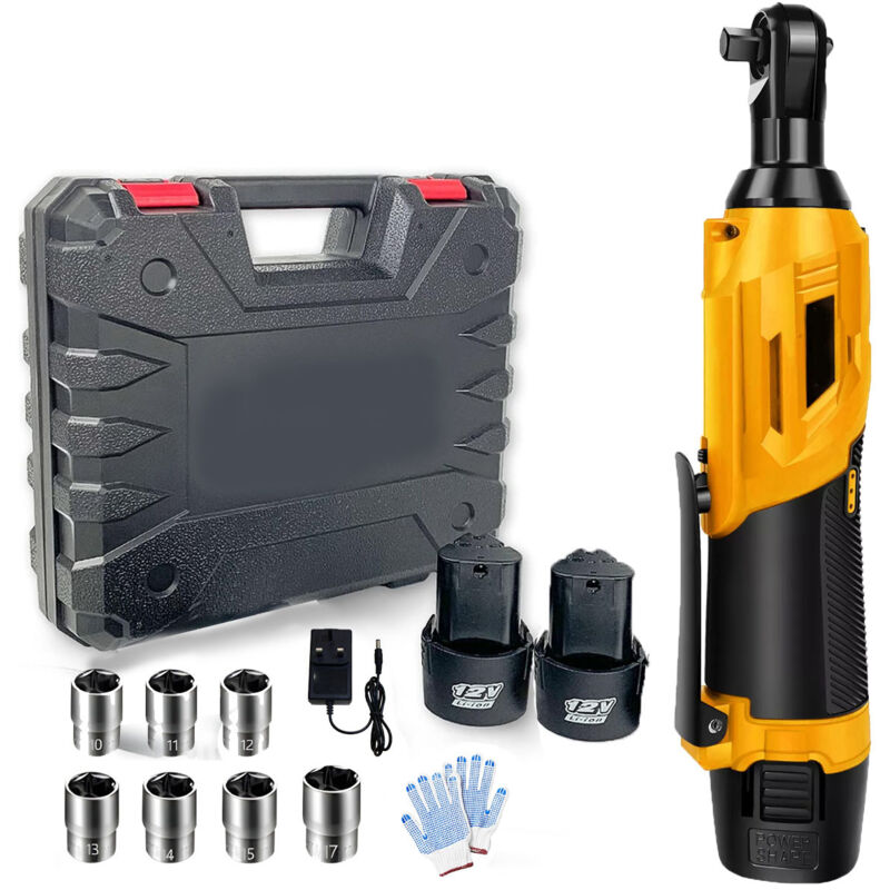 Kit de clés à chocs électriques sans fil à cliquet droit 3/8'' 90 degrés 420 Nm, 2 batteries 3000 mAh + chargeur, 7 douilles, mallette de transport,