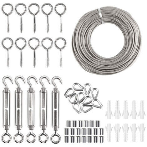 Kit de clôture de jardin en acier inoxydable résistant avec revêtement en PVC 30 m, vis à œil tire-fond, tendeur de fil et crochet
