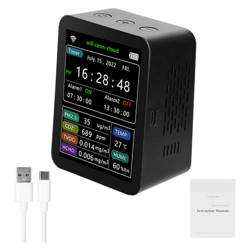 Détecteur intelligent de qualité de l'air Tuya WiFi PM2.5 CO2 TVOC HCHO Température Humidité Détecteur 6 en 1 Affichage de l'heure Date Semaine