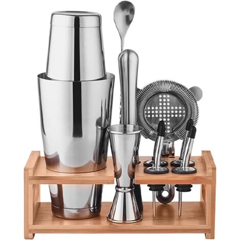 Kit de cóctel, set de cóctel, kit completo de cóctel, kit de cóctel de diez piezas, con soporte de bambú, incluye colador de hielo, apto para bar, hogar, fiesta, práctica personal