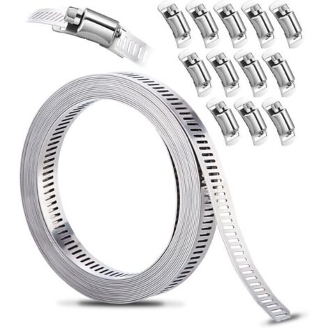 Kit de Colliers de Serrage DIY Inox 304, 3.5m Bande Perforée en Métal + 12 Pièces Fixation, Réglable, pour Tuyaux, Gaz, Eau, Voiture, Machine à Laver, Jardin