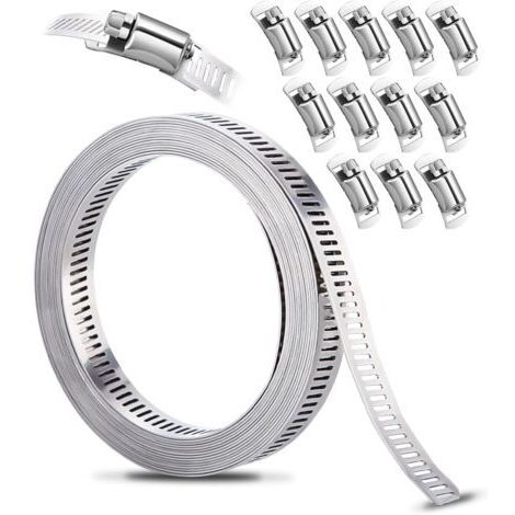 Kit de Colliers de Serrage DIY Inox 304, 3.5m Bande Perforée en Métal + 12 Pièces Fixation, Réglable, pour Tuyaux, Gaz, Eau, Voiture, Machine à Laver, Jardin