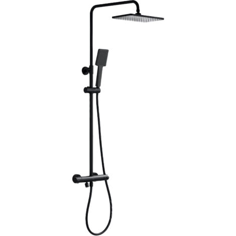 Kit de columna de ducha con grifo termostático anti-escaldaduras, mezclador de ducha negro con rociador de 25x25cm, ducha de mano, barra de ducha de acero inoxidable y flexo de ducha de PVC.