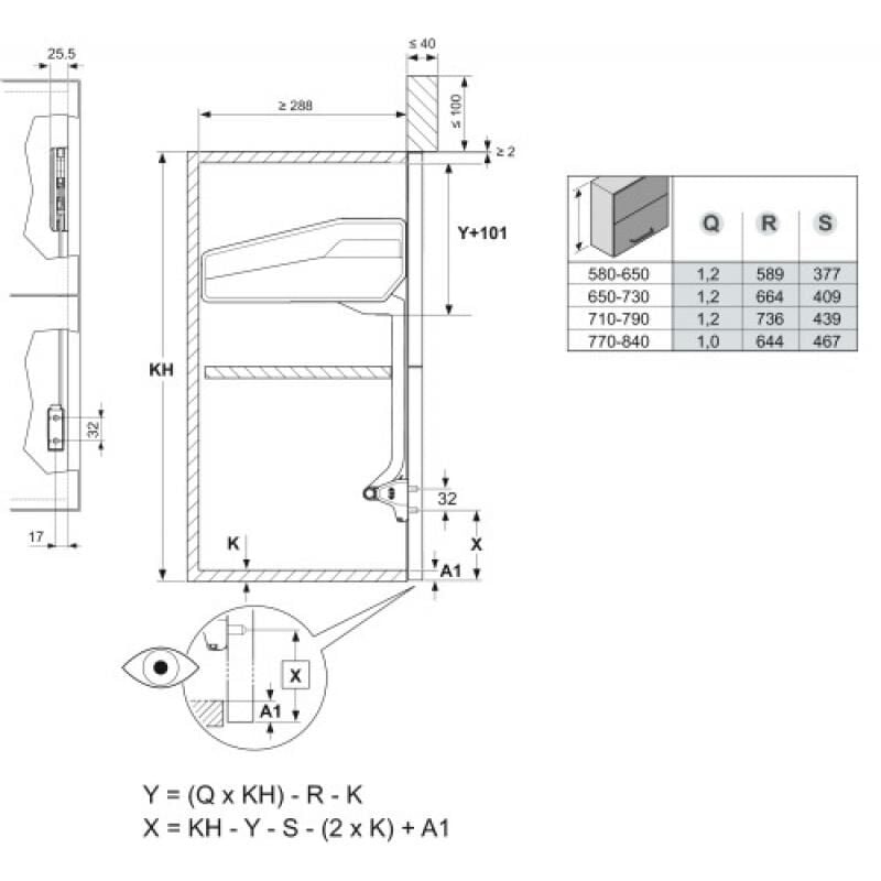 Kit de compas de relevage free fold - ferrures droite et gauche et 2 attaches façade - pour H650-730mm 5,80 - 11,60 Kg Kesseböhmer