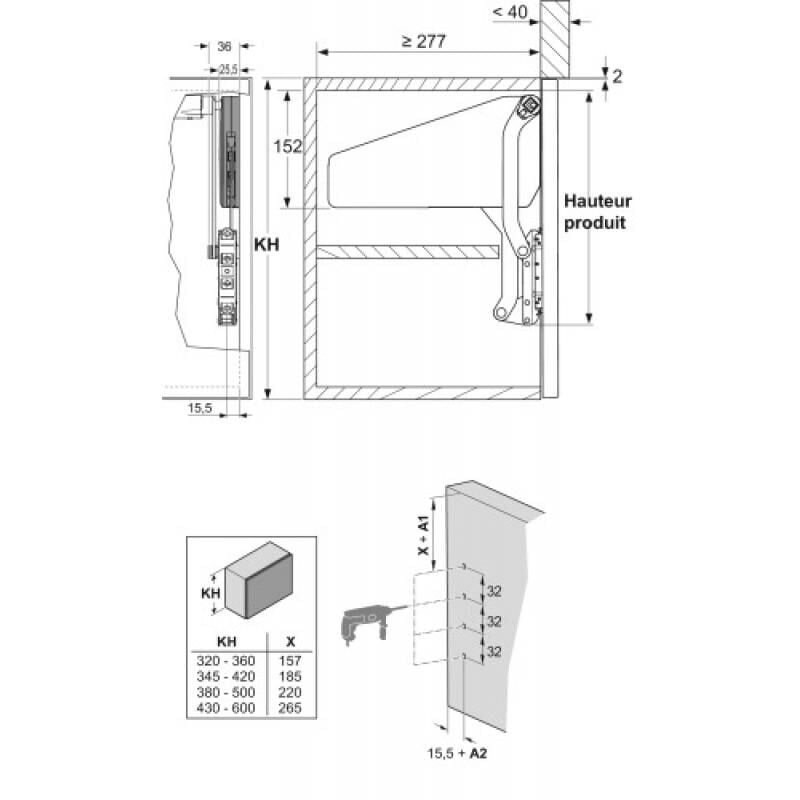 Kit de compas de relevage free slide - ferrures droite/gauche, 2 attaches façade, 2 fixations H345 à 420mm 4,10 à 8,40kg Kesseböhmer