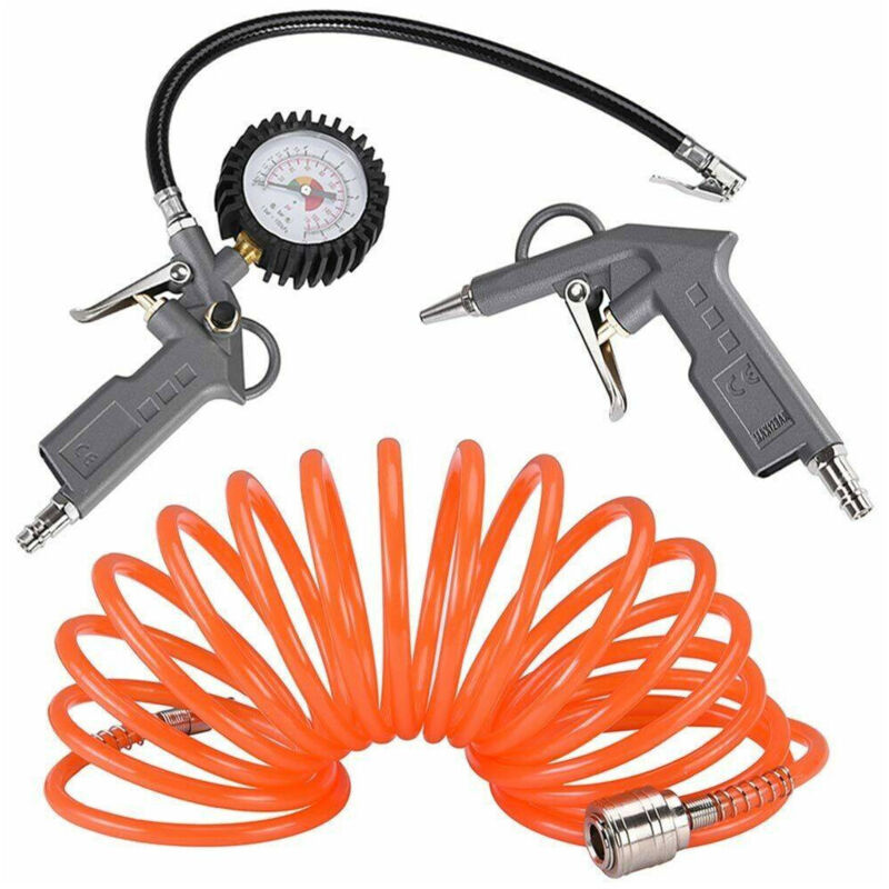 Trade Shop - Juego De Doble Compresor Del Compresor Tubo De Soplado De Aire Comprimido 5mt Medidor De Presión 3pcs -