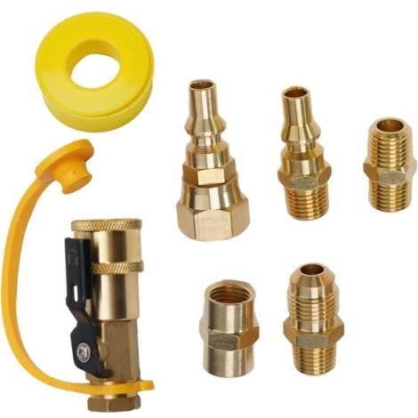 Kit de conexión rápida de propano para vehículos recreativos, conexión abocinada de 3/8" x 1/4" con válvula de cierre, adaptador para barbacoa, para aparatos de gas de baja presión.