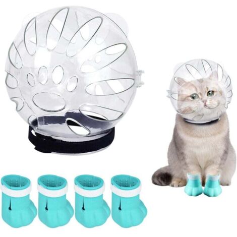Kit de confort premium pour chat - La muselière et les protège-pattes respirants et réglables permettent à votre chat de profiter d'une expérience de toilettage et de bain détendue et sans stress (ble