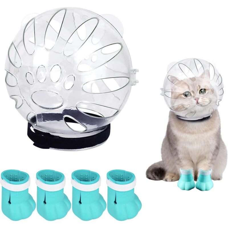 Kit de Confort supérieur pour Chat – Ensemble réglable et Respirant pour muselière et Couvre-Pattes pour Une expérience de toilettage et de Bain sans