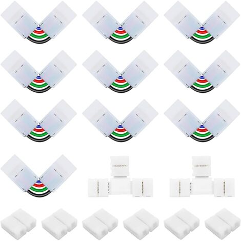 Kit de Connecteur Ruban LED 5050 4 Broches de 10mm Contenue 6 Connecteurs Gapless de 10mm, 10 Connecteurs en Forme de L de 4 Broches à Angle Réglable, 2 Connecteurs en Forme de T pour Bande SMD