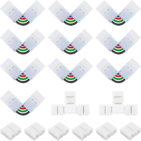 Kit de Connecteur Ruban LED 5050 4 Broches de 10mm Contenue 6 Connecteurs Gapless de 10mm, 10 Connecteurs en Forme de L de 4 Broches à Angle Réglable, 2 Connecteurs en Forme de T pour Bande SMD