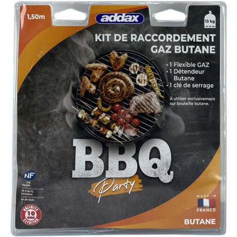 Kit de connexion butane pour barbecue et plancha – Tuyau caoutchouc 1,50m – Détendeur 28 mb – Clé multifonction incluse – Addax