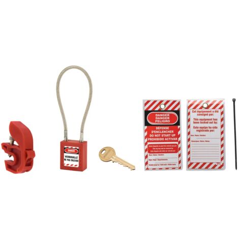 Thirard – Kit de consignation électrique N°4 – Verrouillage disjoncteur universel – Cadenas 38mm rouge – Câble inox 6x240mm avec clé