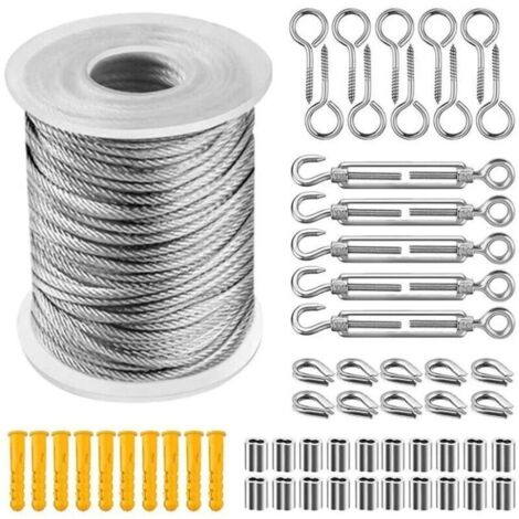 Kit de corde en acier inoxydable gainée nylon 30 m – tendeur PVC inclus pour tentes, linge ou luminaires extérieurs