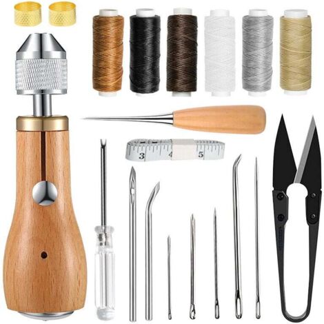 Kit de costura de cuero: con punzón, rollos de hilo encerado, anilla de latón y agujas de coser a mano para reparar alfombras, cuero y lona.