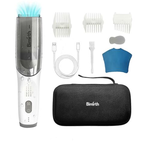 Kit de coupe de cheveux sans fil Bimirth avec aspirateur intégré, tondeuse à cheveux étanche, batterie rechargeable intégrée et rangement.