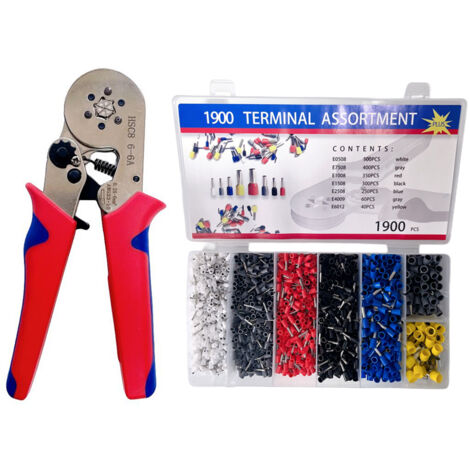 Kit de crimpado que incluye 1900 terminales aislados, herramienta de crimpado autoajustable, calibre HSC8 6-6A 0,25-6 mm², 23-10 AWG rojo
