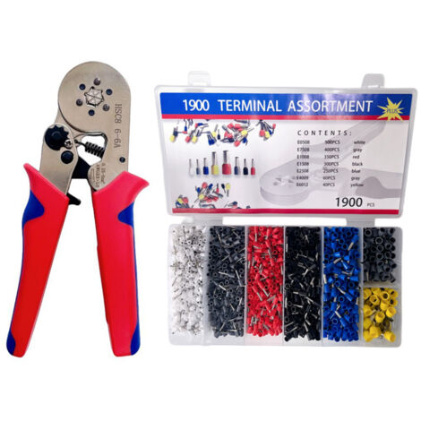 Kit de crimpado que incluye 1900 terminales aislados, herramienta de crimpado autoajustable, calibre HSC8 6-6A 0,25-6 mm², 23-10 AWG rojo