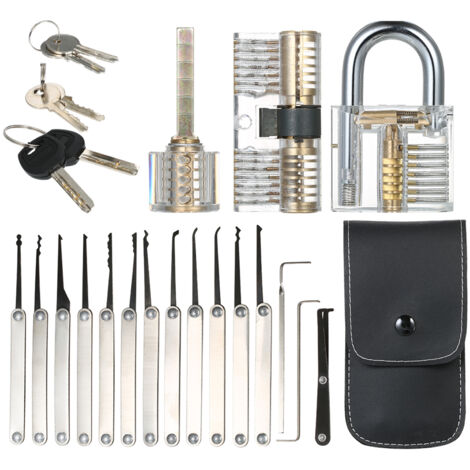 Kit de crochetage de porte 15 pièces avec trois cadenas transparents de pratique pour débutants et professionnels
