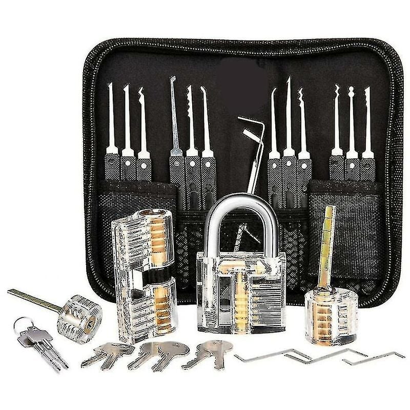 Crea - Kit de crochetage de serrure kit de crochetage de serrure de 25 pièces, outils de pratique avec 3 serrures transparentesaj