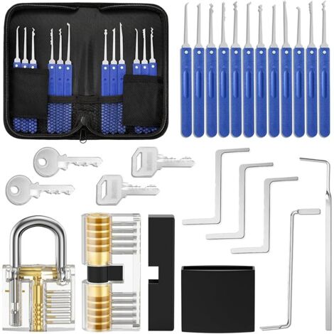 Kit de Crochetage Serrure 17 Pièces, [Beginner Friendly] Lock Picking Kit Outils de D’entraînement avec 2 Serrure Transparente Cadenas, Manuel d'instruction pour Serruriers Débutant et Pro