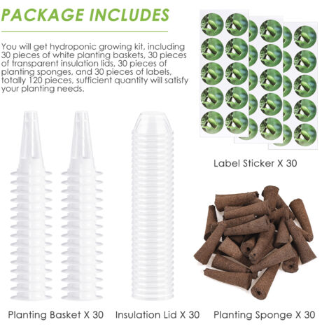 Kit de cultivo hidropónico, 30 macetas, 30 tapas transparentes, 30 esponjas de cultivo, 30 etiquetas, blanco, plástico, 4,5 × 2,2 cm
