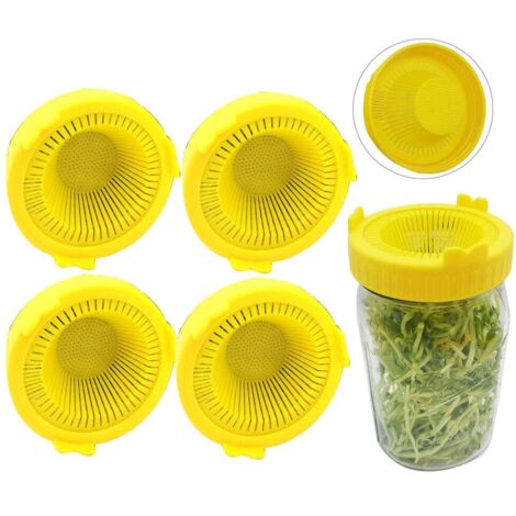 Kit de Culture de Micro-Verts à écran de Haricot 4 Pièces Facile à Rincer et à égoutter Bouchons de Stockage en Plastique coloré Couvercles de Germination pour Bocaux à Large (Jaune)