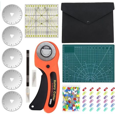 Kit de cutter rotatif 110 pièces, kit d'outils de cutter rotatif 45 mm avec 5 lames supplémentaires, tapis de découpe A4, règle de patchwork, couteau à découper