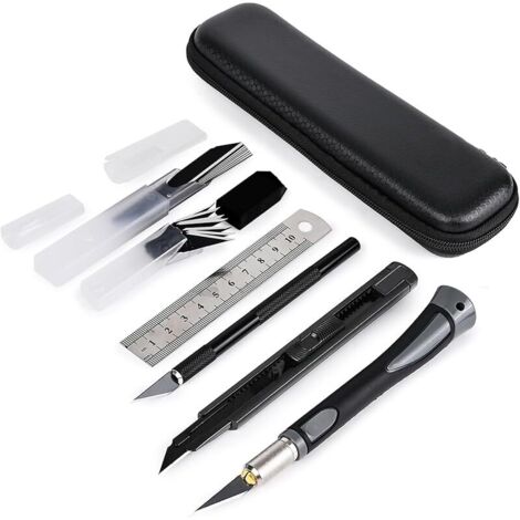 Kit de Cutter, Scalpel de Découpe Set - avec 2 Scalpel de Precision Différents, 1 Couteau Utilitaire de 9 mm, Règle en Acier et 20 Lames, pour Scrapbooking, Sculpture, Fabrication de Modèles