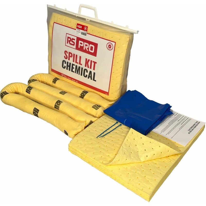 Kit de déversement contient 1 sac et attaches, 2 boudins de 1,2 m, 20 tampons 550 x 450 x 100 mm pour Produit chimique ( Prix pour 1 Kit )