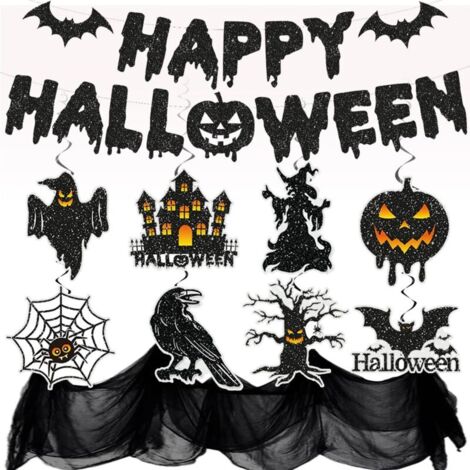 Kit de décorations d'Halloween, décoration de bureau d'Halloween, bannière Happy Halloween à paillettes, décoration au plafond, tissu d'Halloween effrayant, décorations d'Halloween réutilisables