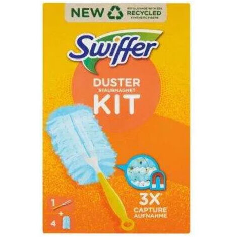 Kit de démarrage plumeau Swiffer Duster – Manche ergonomique – 4 recharges – Fibres attrape-poussière pour surfaces sèches
