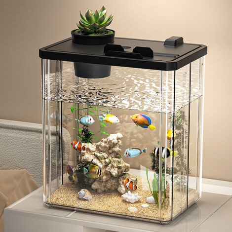 Kit de démarrage pour aquarium, mini aquarium rectangulaire de bureau avec pompe, lumière LED, plantes aquatiques simulées, décoration de table pour bocal à poisson pour crevettes et petits poissons
