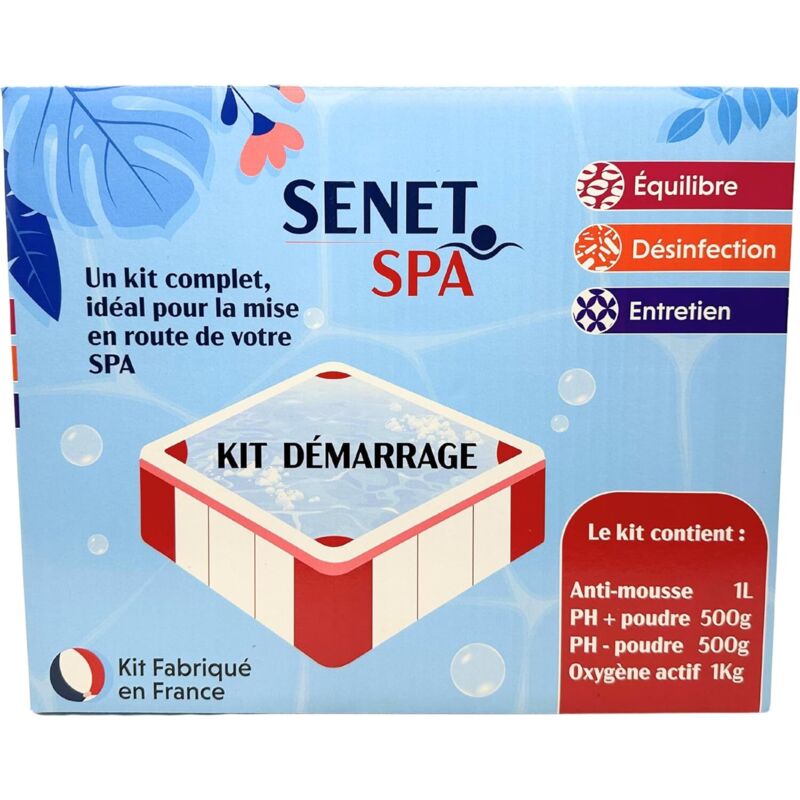 Kit de démarrage pour SPA - Boite de 500 g de PH moins + 500 g PH plus + 20 g oxygène + 1 L anti-mousse - Senet Piscine