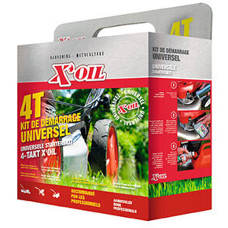 Kit de démarrage universel 4 Temps pour tondeuse, composé de: 1 seringue de vidange, 2 bidons d'huile 4 temps 0.6 L, 1 additif s
