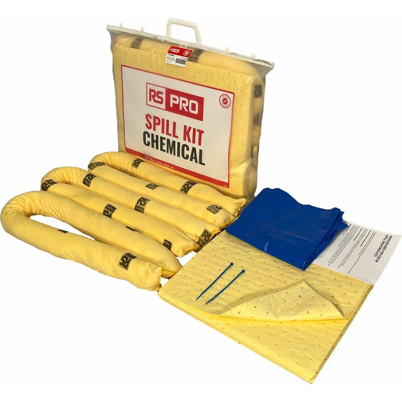 Kit de déversement contient 1 sac et attaches, 3 boudins de 1,2 m, 8 tampons 550 x 450 x 100 mm pour Produit chimique ( Prix pour 1 Kit )