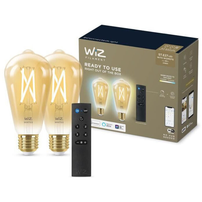 WIZ - Kit de demarrage 2 ampoules connectees Edison Blanc variable E27 50W + Telecommande nomade variateur de lumiere
