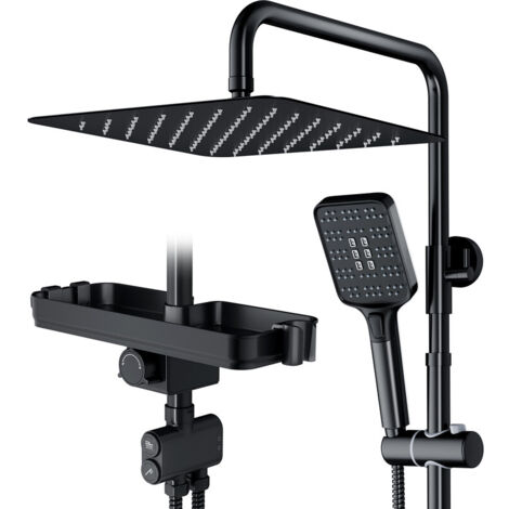 Kit de douche carré à double fonction (12 pouces) avec boutons noirs métallisés et plateau de rangement