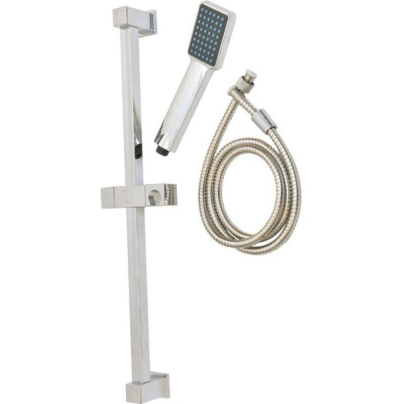 Kit barre carree 60cm douchette rectangulaire 1 fonction flexible acier inox. 150cm - chrome Tendance