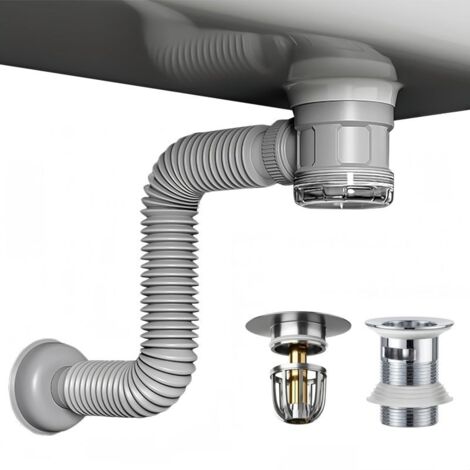Kit de drainage flexible pour lavabo – Tube extensible – Anti-odeurs et anti-retour – Gain de place – Fini chromé résistant à la corrosion – Installation facile DIY
