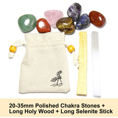 Kit de energía curativa de equilibrio de 7 Chakras, piedras de cristal pulido, amatista, Clústeres, palo de yeso, citrinos, juego de regalo de madera Santa con bolsa,7 Chakra Sticks Set