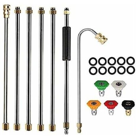 Kit de extensión de acero inoxidable para hidrolimpiadora (pistola de agua): 2,6 metros, varilla angular de 120°, presión: 4000 PSI, 7 piezas, 5 boquillas de diferentes colores.