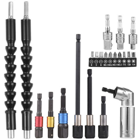 Kit de extensión de vaso de 23 piezas para llaves, juego de llaves de vaso universales con vástago hexagonal y adaptador de ángulo recto de 105°, accesorio de taladro