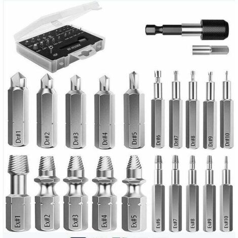 Kit de extracción de tornillos rotos, 22 piezas de herramientas de extracción de acero de aleación HSS 4341 mejoradas con brocas, 2 portabrocas magnéticos de extensión y adaptador de dado para pernos.